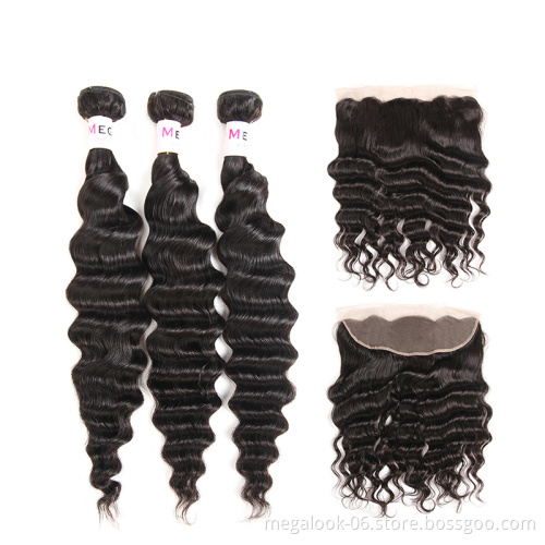 Grade 8A Mink Peruvian Remy Virgin Hair Bundles Deep Wave Weft With Middle Part Deep Wave Lace Closure